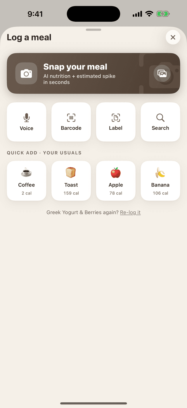 The GlucoPlot log sheet with photo, voice, text, barcode, and receipt options for logging a meal