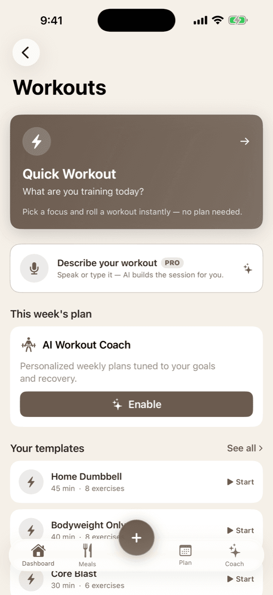 The Workouts hub: Quick Workout, describe-your-workout, this week's AI plan and your templates