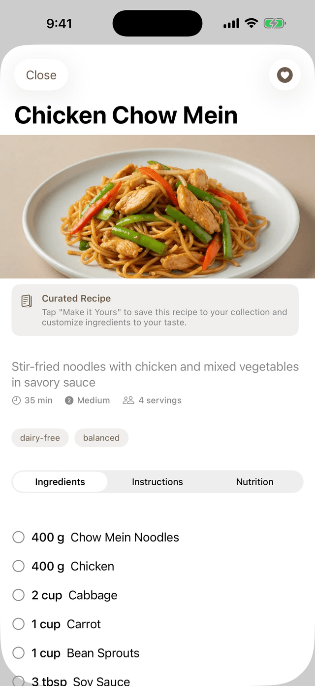 A GlucoPlot recipe idea, Chicken Chow Mein, with its photo, cook time, servings, and ingredients