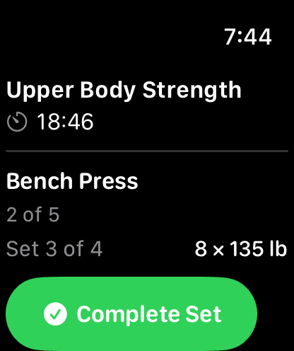 GlucoPlot on Apple Watch: Upper Body Strength, bench press set 3 of 4, and a Complete Set button